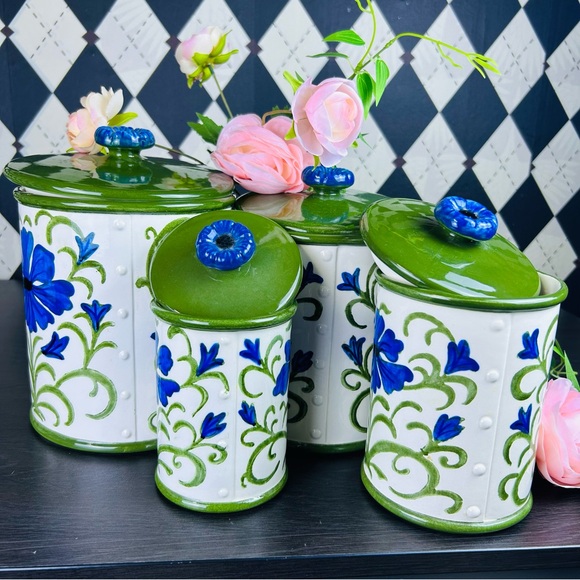 Metlox Poppytrail Blue Floral Canister Set, Green Lids, 4pc Vintage Very Large - Picture 4 of 17